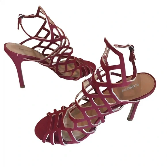 Express Suede Shiraz Wine Burgundy Stiletto High Heel Caged Sandals Size 9 - Picture 2 of 7